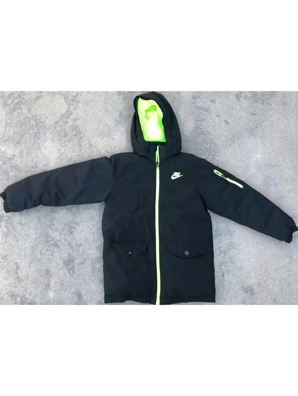 Vintage Nike 550 Goose Down Jacket Youth L Black Zip Hoodie Puffer Neon Yellow